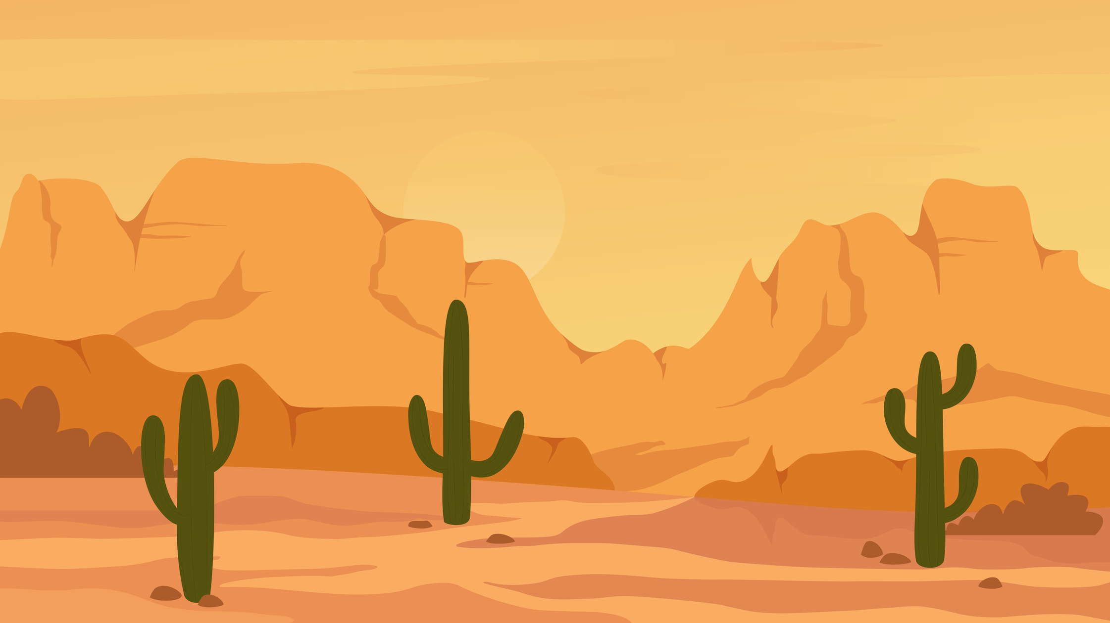 Mexican Texas or Arisona Desert Nature at Sunset, Cartoon Natural Deserted Mexico Landscape with Mountain, Cactuses